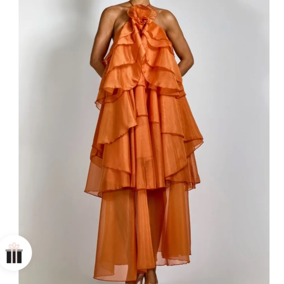 NEW Sibley Halterneck Tiered Ruffle Maxi Dress Orange - Picture 1 of 10